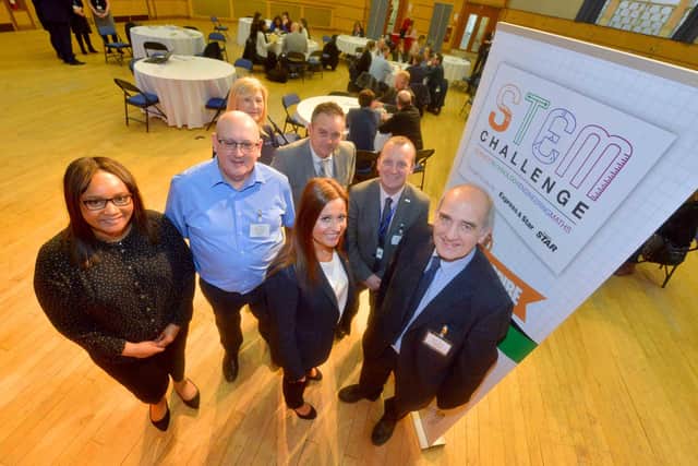 The 2020 STEM Challenge sponsors: Sophie Oakley (KUKA), Alan Oakley (KUKA), Sarah Davies (Schmolzt Bickenbach, Wayne Bangall ( Schmolzt Bickenbach),  Jayne Guest (In-Comm Training & Business Services), Neil Thomas (Dudley College of Technology) and Colin Parker (Black Country Skills Factory)