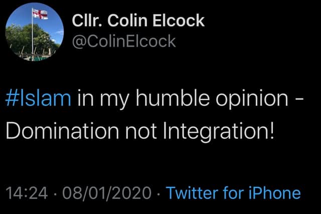 A tweet said to have been posted from Mr Elcock's account 