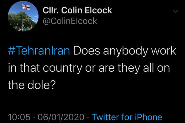 A tweet said to have been posted from Mr Elcock's account 