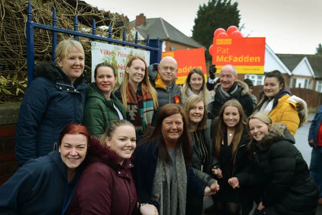 Ross Kemp and Wolverhampton South East parliamentary candidate Pat McFadden with teachers from Villiers Primary School, in Bilston