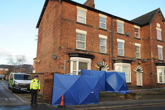 Police at the property in Wolverhampton Road, Stafford, following the attack in London