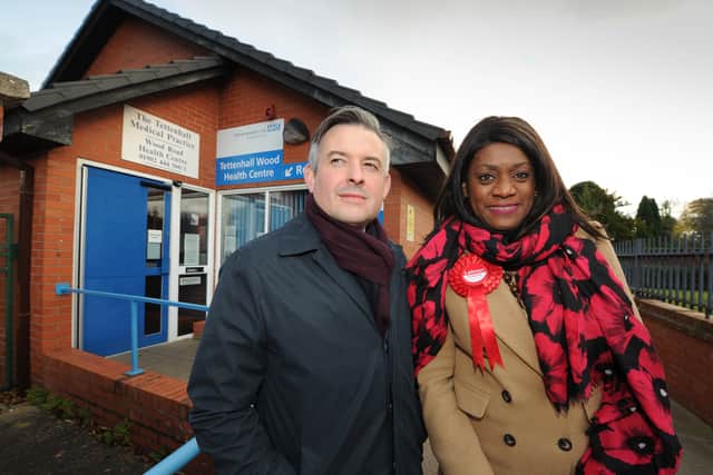 Eleanor Smith with shadow health secretary Jon Ashworth at Wood Road Health Centre, which Ms Smith has campaigned to keep open
