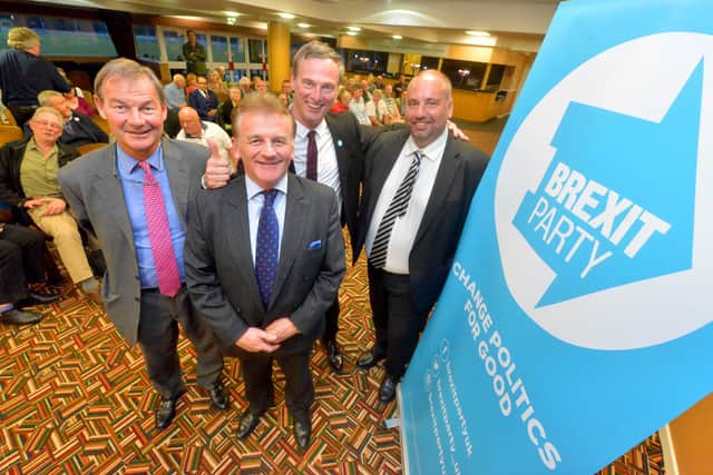 Rupert Lowe (left), with Andrew Kerr, Martin Daubney and Bill Etheridge at a Brexit Party rally in Wolverhampton in August