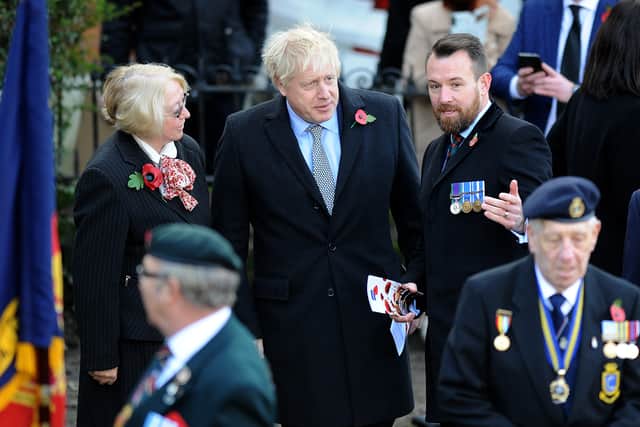 Boris Johnson with Wolverhampton Tory leader Wendy Thompson and parliamentary candidate Stuart Anderson