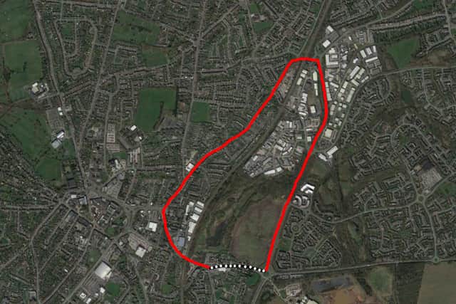 An aerial view showing the current diversion route, red, around the Lichfield Road closure, black and white