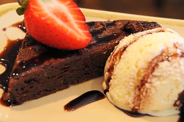 Chocolate brownies are served at the restaurant