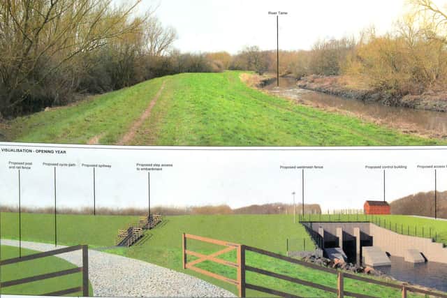 An artist's impression showing the difference between the site before and after the work