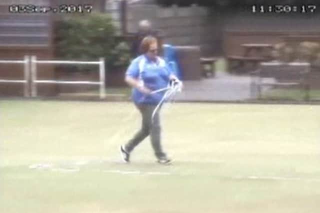 Screengrabs from footage of Rebecca Peach at Amery Unionist Bowling Club in Willenhall