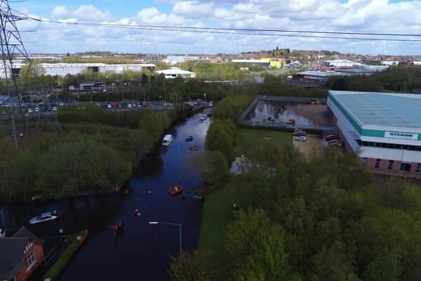 Aerial photos showed Leabrook Road North covered in water after a digger burst through a pipe outside the church
