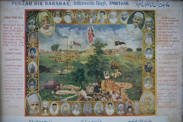An Indian poster from the early 1920s depicting the Jallianwala Bagh massacre as a British plane soars overhead