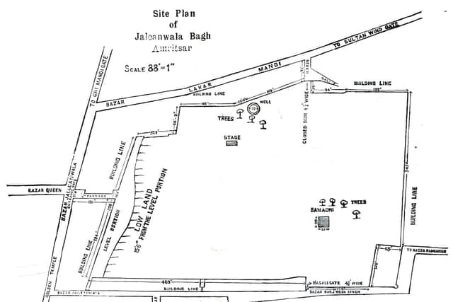 Plan of Jallianwala Bagh published by the Congress Punjab Inquiry in 1920