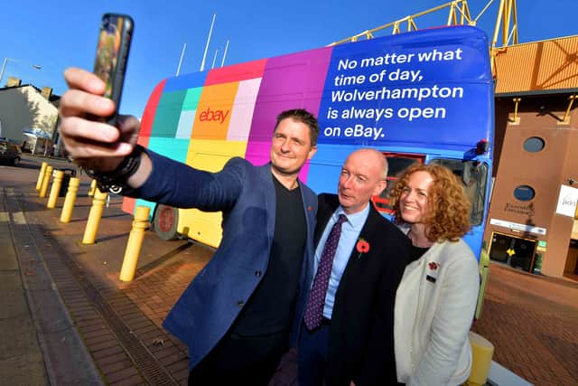 Pat McFadden MP with Rob Hattrell and Wolverhampton Council's head of enterprise Isobel Woods outside the eBay bus on its visit to Wolverhampton