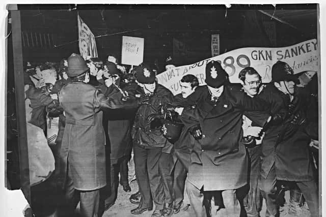 Feb 13 1981: Police battled to hold back 500 angry protestors when Employment Minister Jim Prior visited job-starved Telford. They were protesting at the shock news of the loss of 1,000 jobs at the giant GKN Sankey’s Hadley Castle plant.