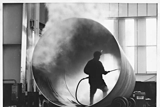 June 13, 1968: Inner shell of stainless steel liquid gas storage vessel being steam cleaned at the Tipton works of Thompson Horseley division