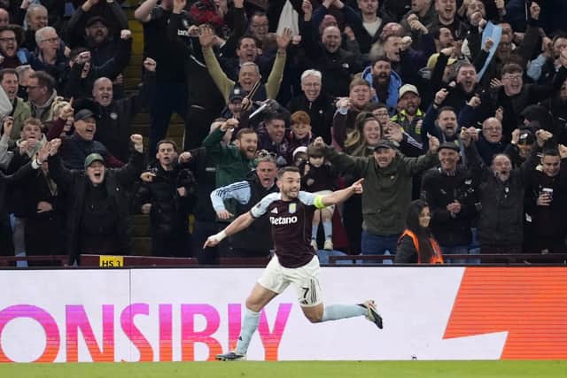 Aston Villa's John McGinn celebrates scoring their side's first goal of the game during the UEFA Europa League round of sixteen, second leg match at Villa Park, Birmingham. Picture date: Thursday March 19, 2026.