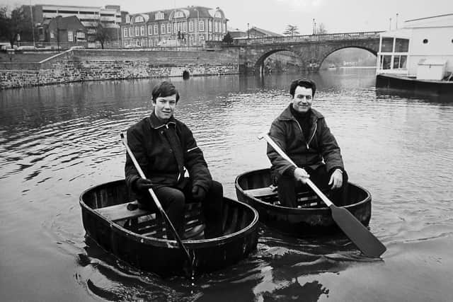 March 17, 1984: 'Father and son team Mr John Davies and John Davies junior out on the river.' They are in coracles on the River Severn at Shrewsbury, the Welsh bridge can be seen in the background. The story began: 'Three generations of a Shrewsbury family are hoping to help Shropshire hospitals by taking to the River Severn in coracles. The Davies family of Old Heath, Heathgates, are well known for their skills as coracle makers. Originally 33-year-old John Davies and his son, also John, were planning to spend Easter paddling down the Severn, from Shrewsbury to Bristol, in the tiny round craft. But now they will be joined by the oldest member of the family, the 66-year-old grandfather, John senior. Mr Davies and his son spent an afternoon on the Severn doing a practice run from Telford to Bridgnorth.' 