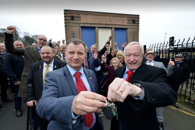 Councillor Pete Lowe handing over the keys to the Dudley Hippodrome to campaigner Dr Paul Collins in 2016