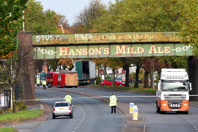 The lorry which has crashed in Birmingham New Road near a bridge