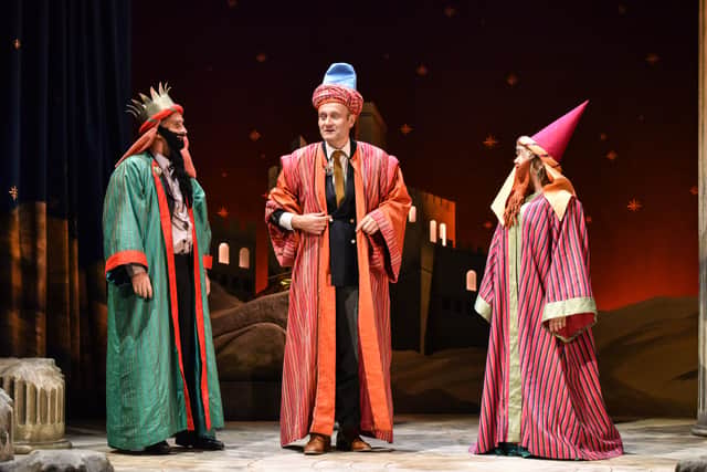 John Marquez as Ronald Bream, Hugh Dennis as Maurice Rose, Lesley Garrett as Leonora Fflyte. Photo by: Robert Day