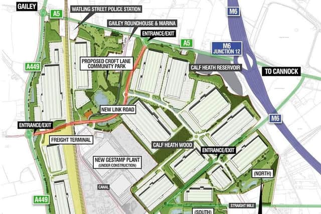 A map showing the proposed freight hub next to the M6, A449 and A5