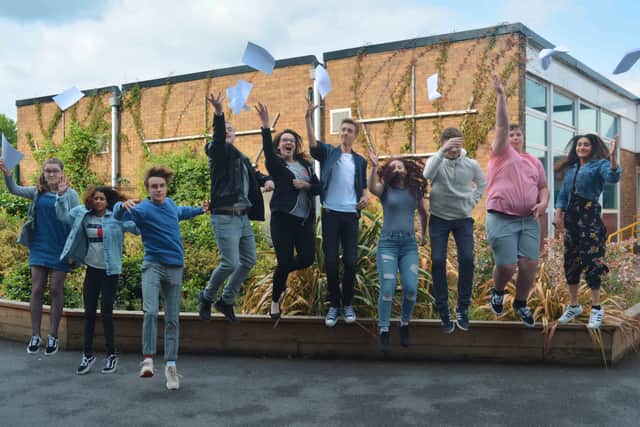 Crestwood’s highest achievers jumping for joy - Chloe Beckley, Samra Kauser, Jack Parsons, Ethan Mallett, Darcey Noble-Smith, Carl Taylor, Harriet Groucutt, Jamie Cottam, Caleb Smith, Zeba Saeed