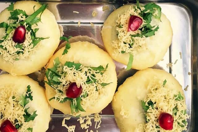 Flavour bomb – yoghurt chat bombs filled with chickpeas, spiced yoghurt, tamarind and coriander