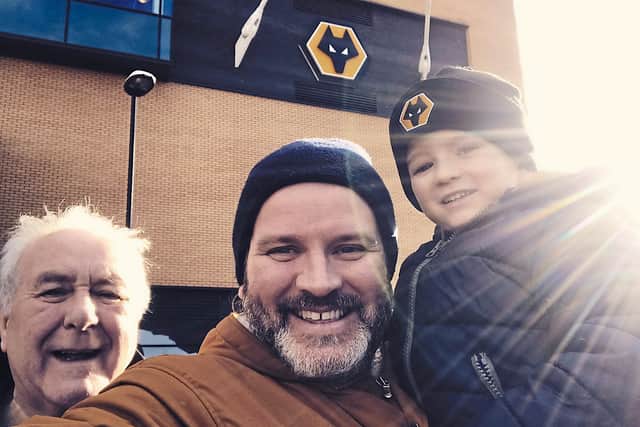 Paul Turley with father Neville, aged 77, and son Leonhard, four, outside Molineux