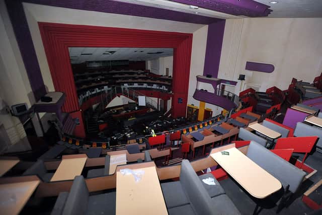 Looking down at what would have been the stage, now covered in bingo tables, in 2012