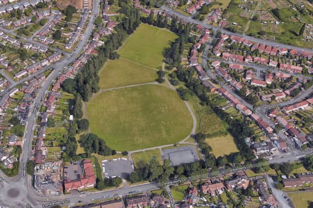 An overhead view showing the Londonderry Lane playing fields among a housing estate which will be redeveloped for the aquatics centre