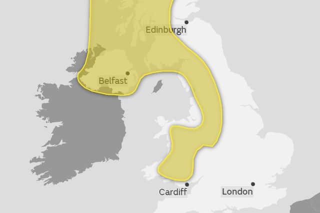 The weather warning has been issued for the yellow area. Picture: The Met Office