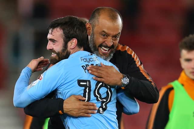 Price celebrates with Nuno after the second round Carabao Cup win at Southampton (© AMA / Sam Bagnall)