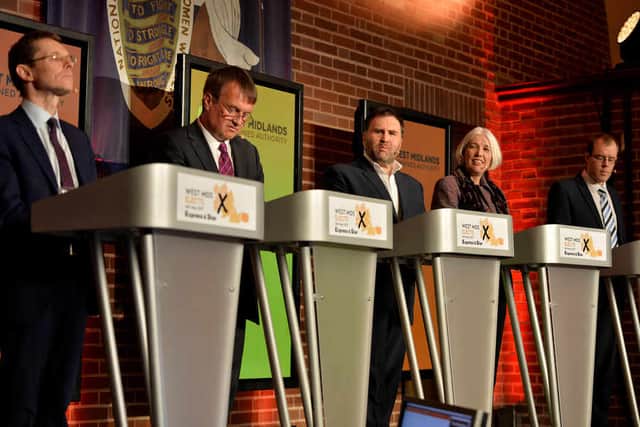 Candidates Andy Street, Pete Durnell, Siôn Simon, Beverley Nielsen and James Burn at the Express & Star debate