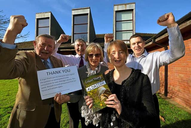 Councillors John Rochelle, John Murray and Tim Wilson with Sue Satterthwaite and Kerry Shaw celebrate the news that Aldridge library is in line to remain open