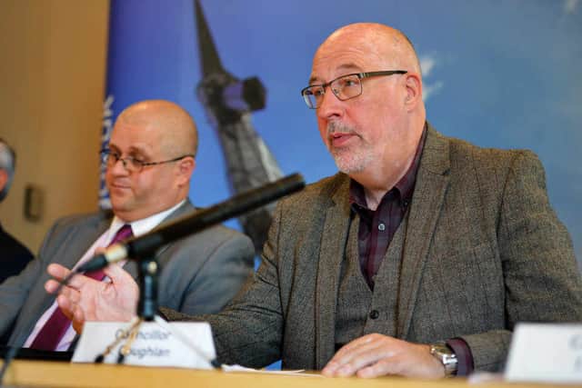 Council leader Sean Coughlan addresses today's press conference