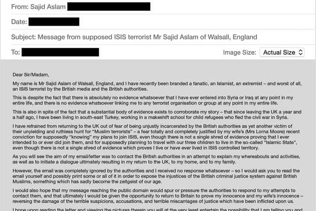 Aslam's full letter in which he says he is actually a teacher working in a makeshift school for child refugees