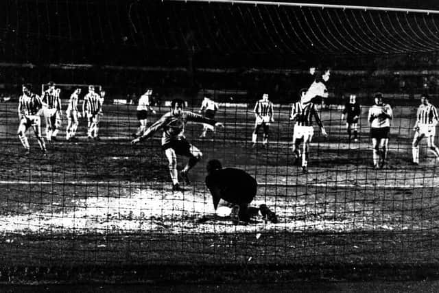 Hibbitt sees a shot saved against Juventus in 1972.