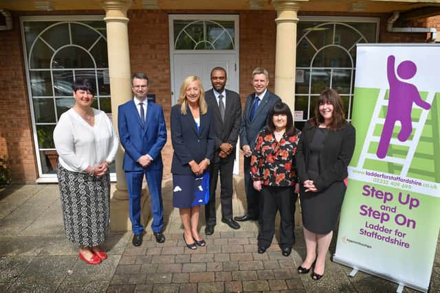 Lyn Rowe, Stoke Sentinel, E&S brand manager, Chris Leggett, Gill Durkin, PTP, Kevin Davis, Vine Trust chief executive, Rob Colbourne, MD of PTP, Chris Bamsey, Staffordshire County Council and Diane Davies, E&S