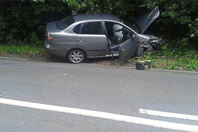 Wreckage – the smashed up Cordoba ended up in a hedge