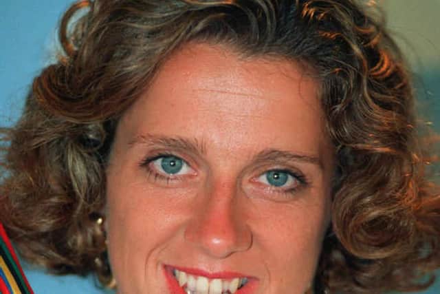 Great Britain's Sally Gunnell with her gold medal for the women' 400 metres hurdles, which she won at the Barcelona Olympics.
