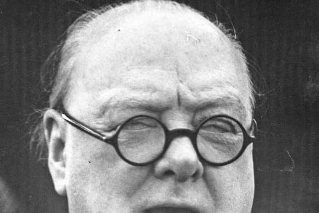 Close-up of Winston Churchill speaking at Molineux in 1949