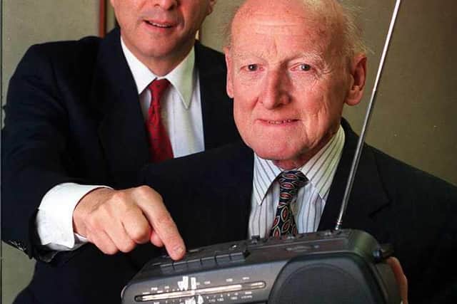 Beacon Radio founder Bernard Blakemore (right) and Bob Pearson scan the airwaves