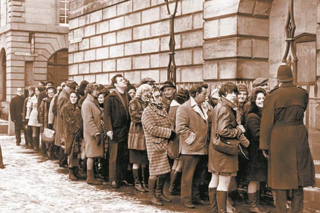 Crowds gather outside the court in Stafford for the trial of Raymond Morris