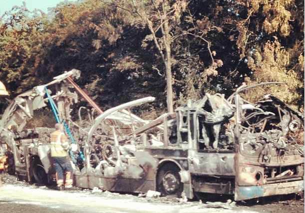 The aftermath of the bus fire. Image: Carl Ward