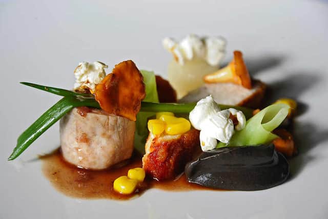 The guinea fowl featured a breast with stuffed thigh, sweetcorn, mushroom puree and a jus roti.
