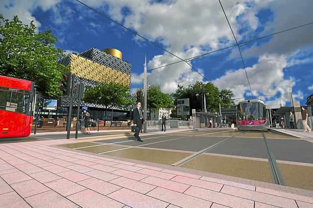 The Midland Metro at a stop on Centenary Square which would be created under proposals.