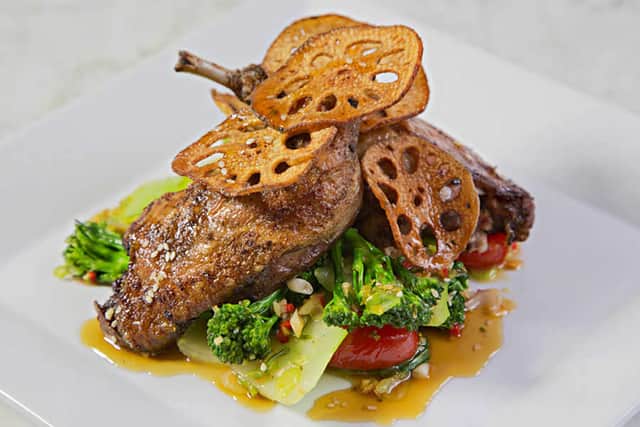 Oriental express – the crispy duck was served with Chinese vegetables, honey and sesame. It was decorated with tasty lotus root crisps