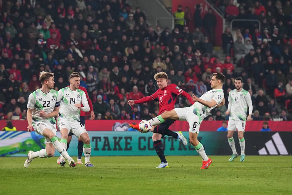  Jayson Molumby of Republic of Ireland attempts to control the ball while under pressure from Pavel Sulc of Czechia during the FIFA World Cup 2026 European Qualifiers KO play-offs match between Czechia and Republic of Ireland at Fortuna Arena on March 26, 2026 in Prague, Czech Republic.