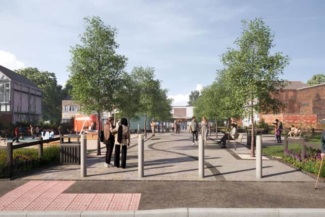 An artist's impression of the new public space off Bilston High Street (viewed from Pinfold Street)