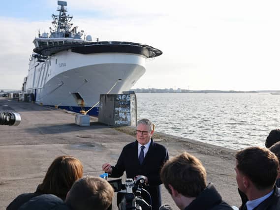 Prime Minister Sir Keir Starmer speaks to the media while in front of the Finnish Border Guard offshore patrol vessel Turva at the port in Helsinki