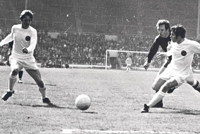 Alan Harris, left, and Micky Fudge up with the attack in the first ever FA Trophy final, held at Wembley on May 2, 1970, between Macclesfield Town and Telford United.
